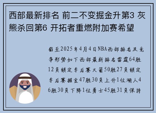 西部最新排名 前二不变掘金升第3 灰熊杀回第6 开拓者重燃附加赛希望