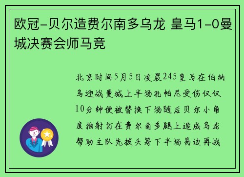 欧冠-贝尔造费尔南多乌龙 皇马1-0曼城决赛会师马竞