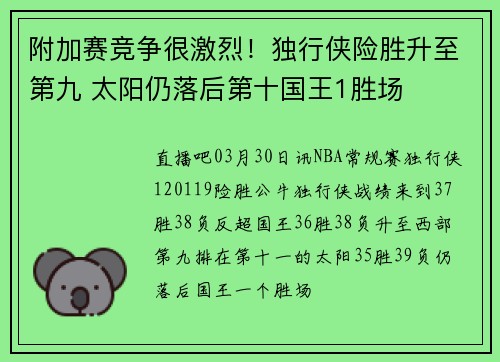 附加赛竞争很激烈！独行侠险胜升至第九 太阳仍落后第十国王1胜场